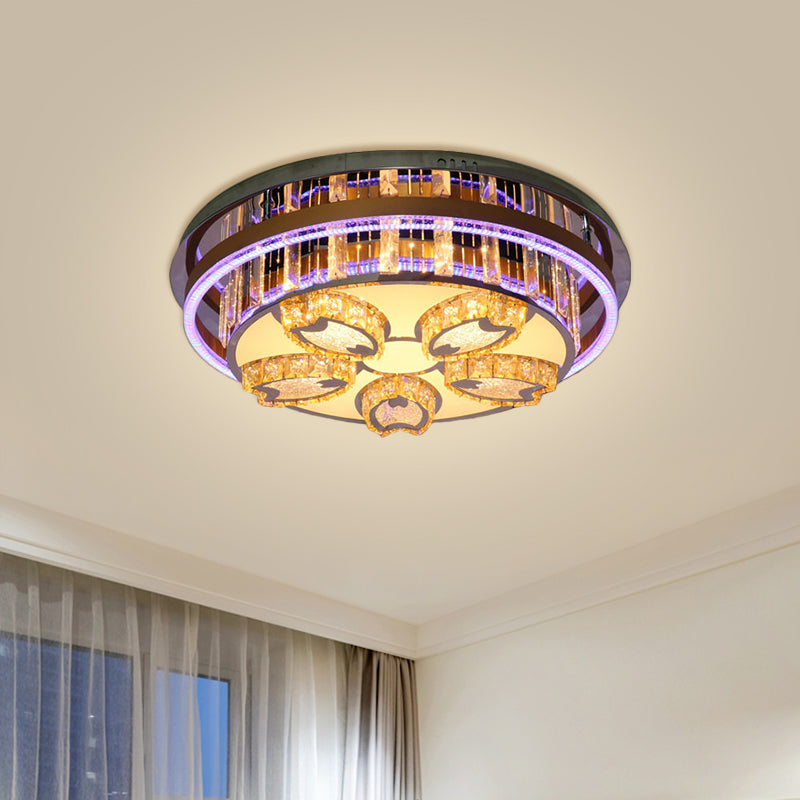 Modern Led Flush Mount Ceiling Light With Stainless - Steel Finish And Clear Crystal Blocks