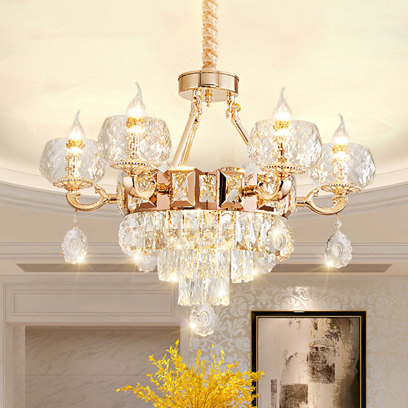 Contemporary Crystal Chandelier Lamp - 6/8 Bulbs Gold Drop Pendant With Clear Bowl Shade And Candle