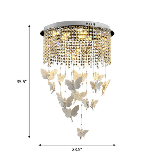 Contemporary Drum Flush Light With Clear Crystal Strand And Led Silver Ceiling Lighting -