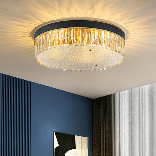 Contemporary Crystal Flush Mount Light In Gold 3/4 Heads Rectangle-Cut Drum Shape 12’/16’ Width