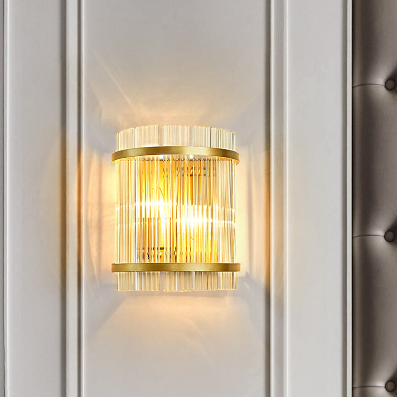 Gold Wall Mounted Light Fixture With Clear Crystal Rods - Modern Cylindrical/Rectangle Design Ideal