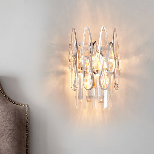 Modern Silver Double-Layered Wall Sconce With Clear Crystal Accents - 2 Lights