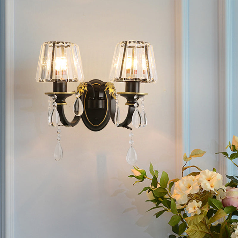 Modern Black Wall Lamp With Crystal Prisms Shade - Stylish Half-Head Light Fixture 2 /