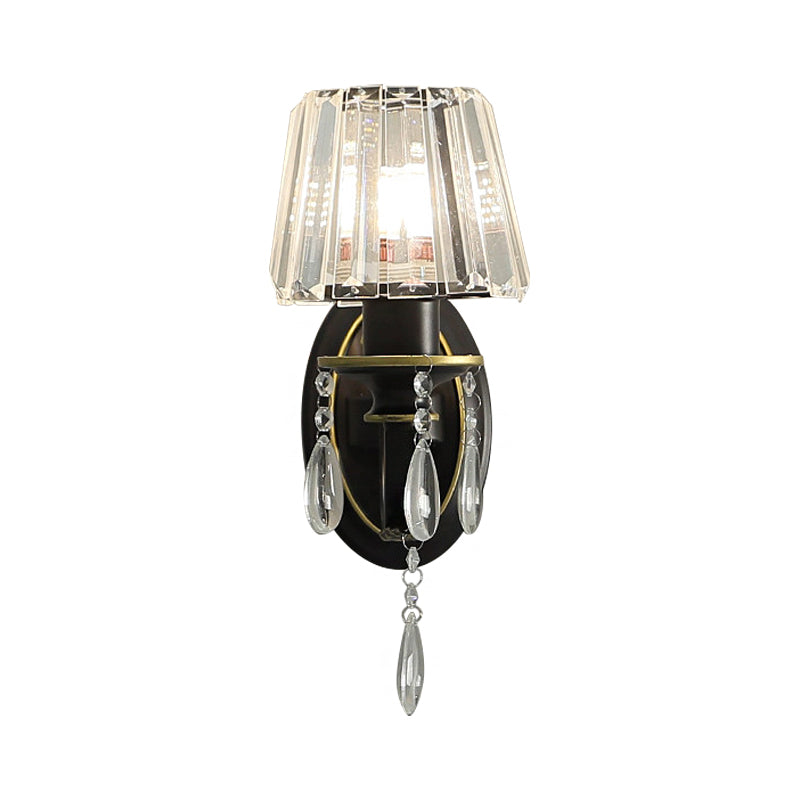Modern Black Wall Lamp With Crystal Prisms Shade - Stylish Half-Head Light Fixture