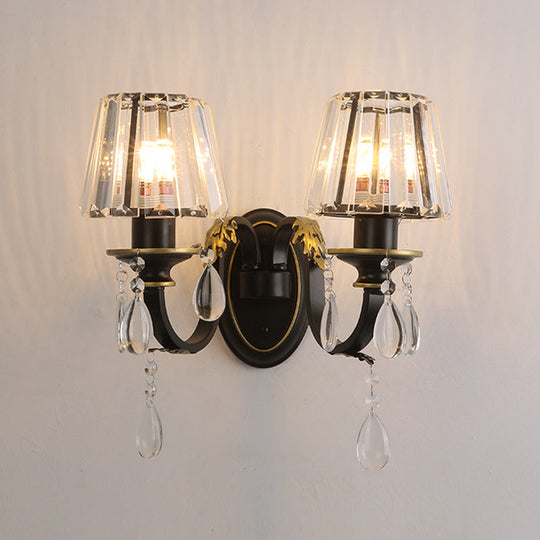 Modern Black Wall Lamp With Crystal Prisms Shade - Stylish Half-Head Light Fixture