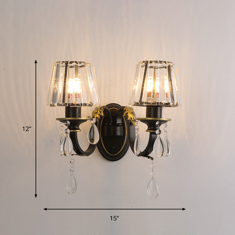 Modern Black Wall Lamp With Crystal Prisms Shade - Stylish Half-Head Light Fixture
