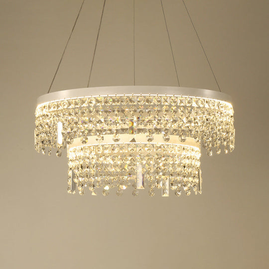 Contemporary Crystal Led Chandelier Lamp With Dual-Tiered Ring Design – Silver Suspension