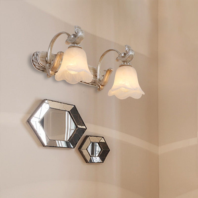 Traditional Ribbed Opal Glass Vanity Fixture With Arched Arm - Light Brown 2/3-Head Wall Sconce