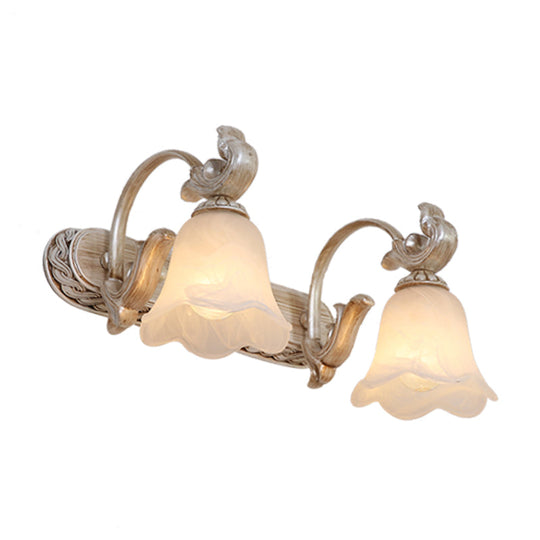 Traditional Ribbed Opal Glass Vanity Fixture With Arched Arm - Light Brown 2/3-Head Wall Sconce
