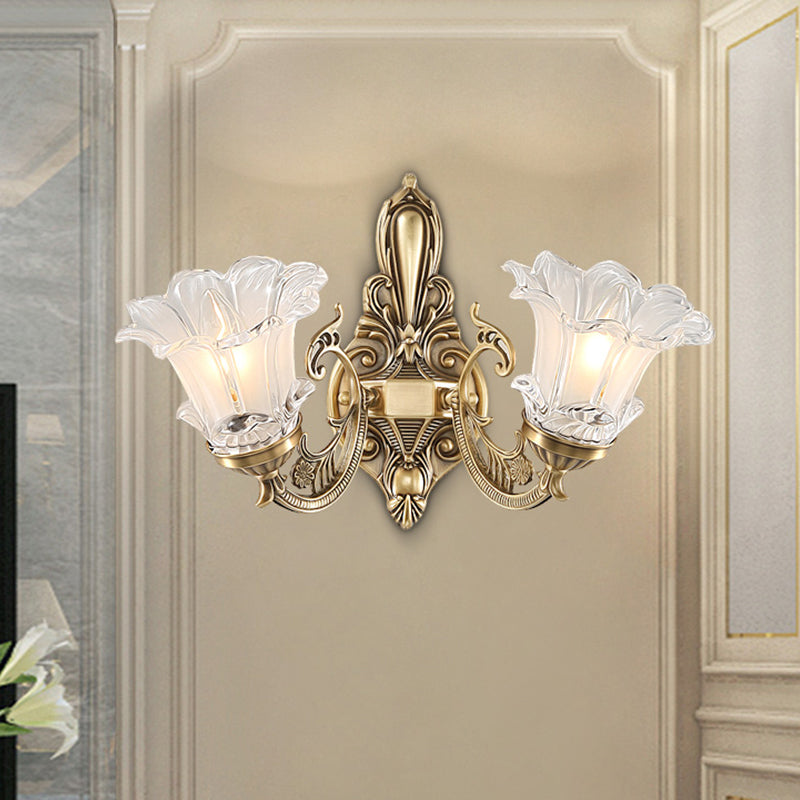 Vintage Brass Floral Wall Lamp With Fluted Glass And Curved Arm Sconce Lighting For Living Room 2 /