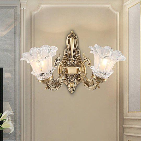 Vintage Brass Floral Wall Lamp With Fluted Glass And Curved Arm Sconce Lighting For Living Room 2 /
