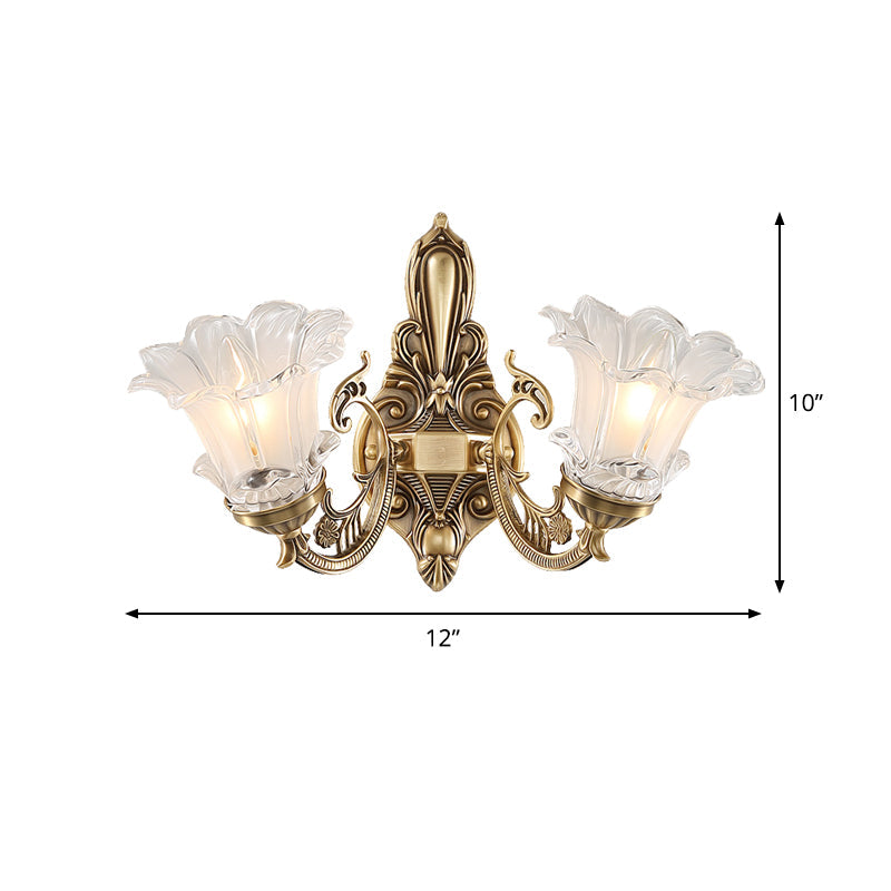 Vintage Brass Floral Wall Lamp With Fluted Glass And Curved Arm Sconce Lighting For Living Room