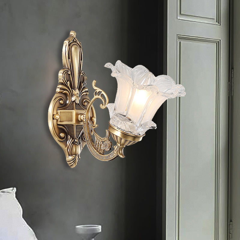 Vintage Brass Floral Wall Lamp With Fluted Glass And Curved Arm Sconce Lighting For Living Room
