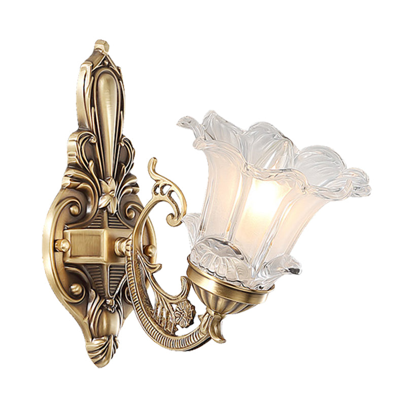 Vintage Brass Floral Wall Lamp With Fluted Glass And Curved Arm Sconce Lighting For Living Room