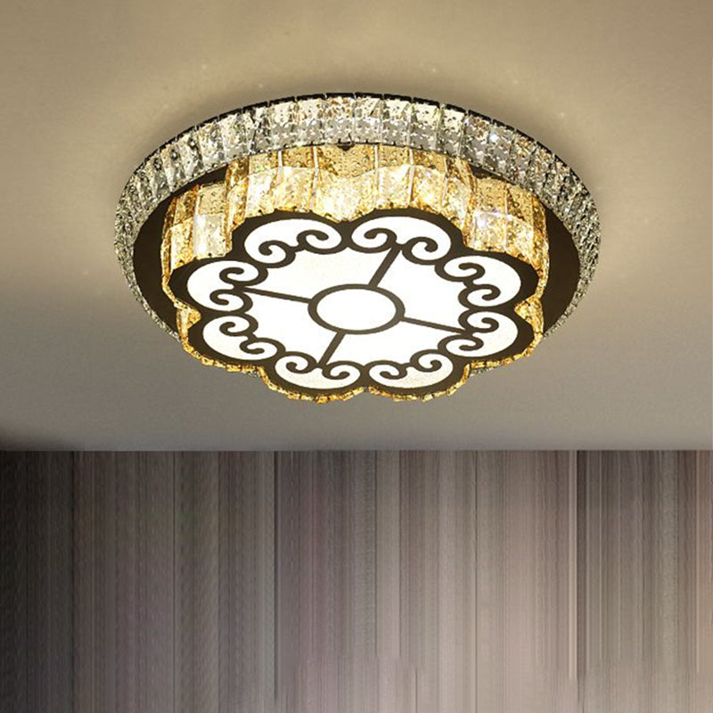 Modern Chrome Flush Mount Ceiling Light With Faceted Glass Floral Design For Bedroom