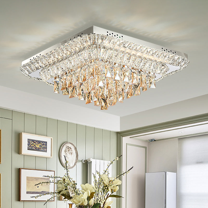 Modern Crystal Led Square Flush - Mount Light In Chrome - Close To Ceiling Lighting Fixture