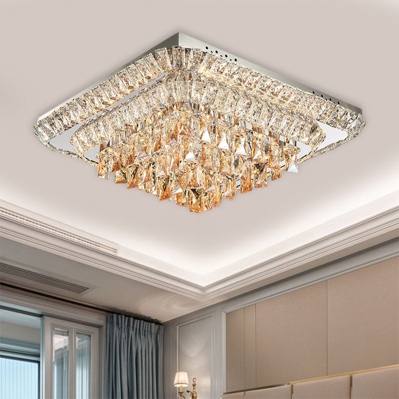 Modern Crystal Led Square Flush - Mount Light In Chrome - Close To Ceiling Lighting Fixture