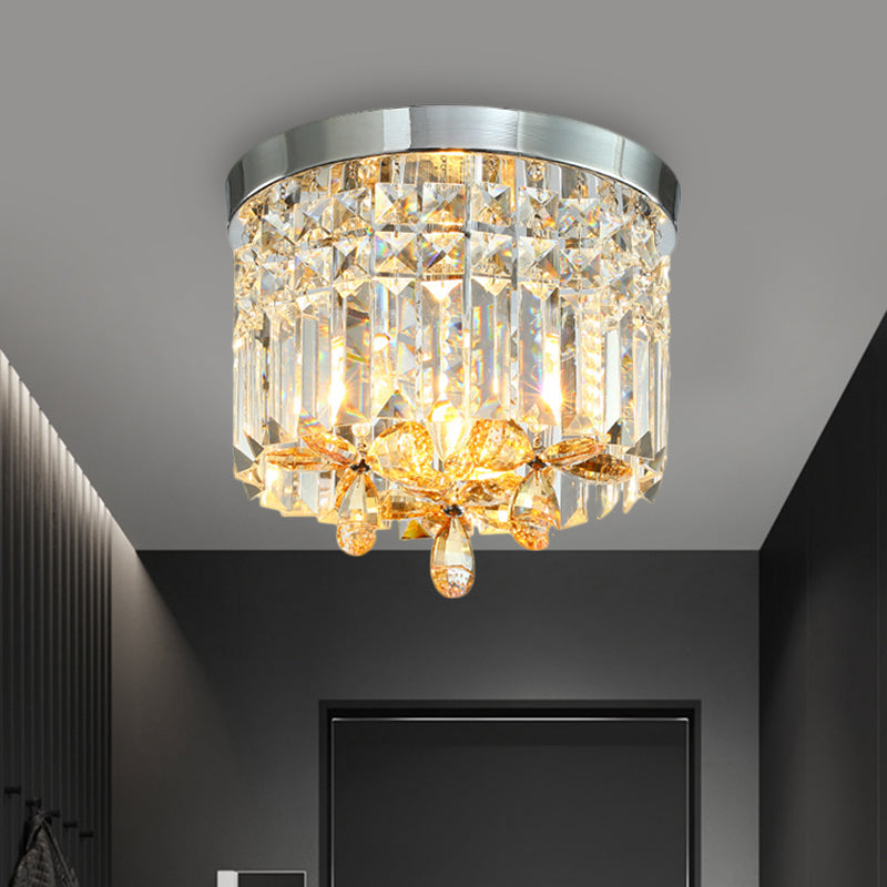 Chrome Cylinder Crystal Led Flush Light For Doorway - 10’/15.5’ Wide