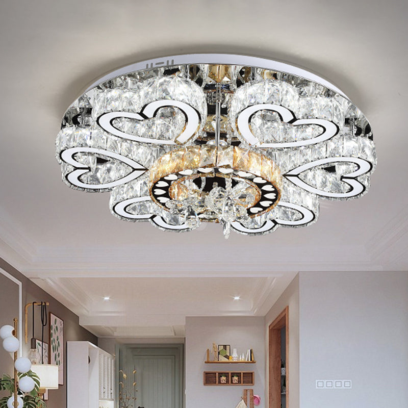 Crystal Block Flush Mount Ceiling Light With Chrome Heart - Shaped Led For Contemporary Sitting Room