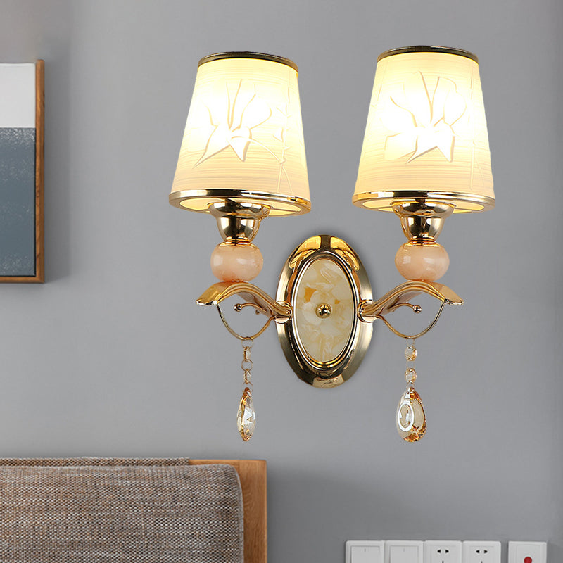 Contemporary Wall Lamp With Crystal Droplet - Amber Glass And Gold Finish