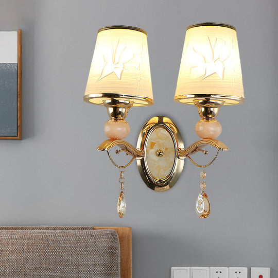 Contemporary Wall Lamp With Crystal Droplet - Amber Glass And Gold Finish