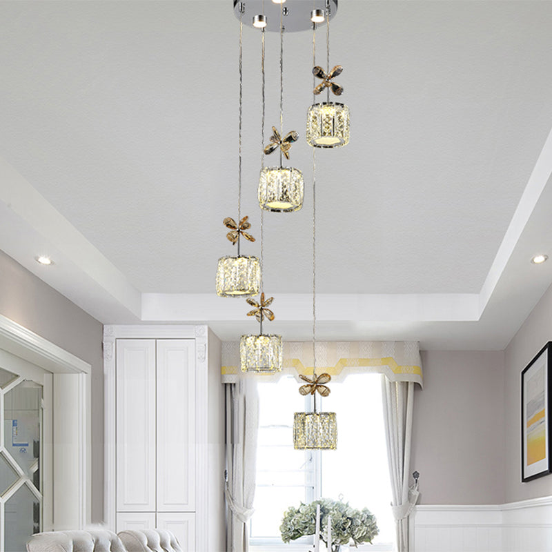 Stylish Crystal Hanging Lamp With Led Multi Light Pendant For Dining Room - Modern Cylinder Design