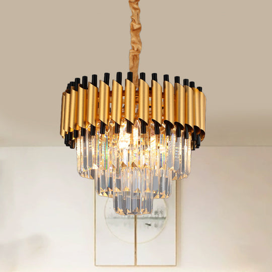 Gold Crystal Layered Tapered Chandelier - Postmodern Pendant With 4/6 Down Lights