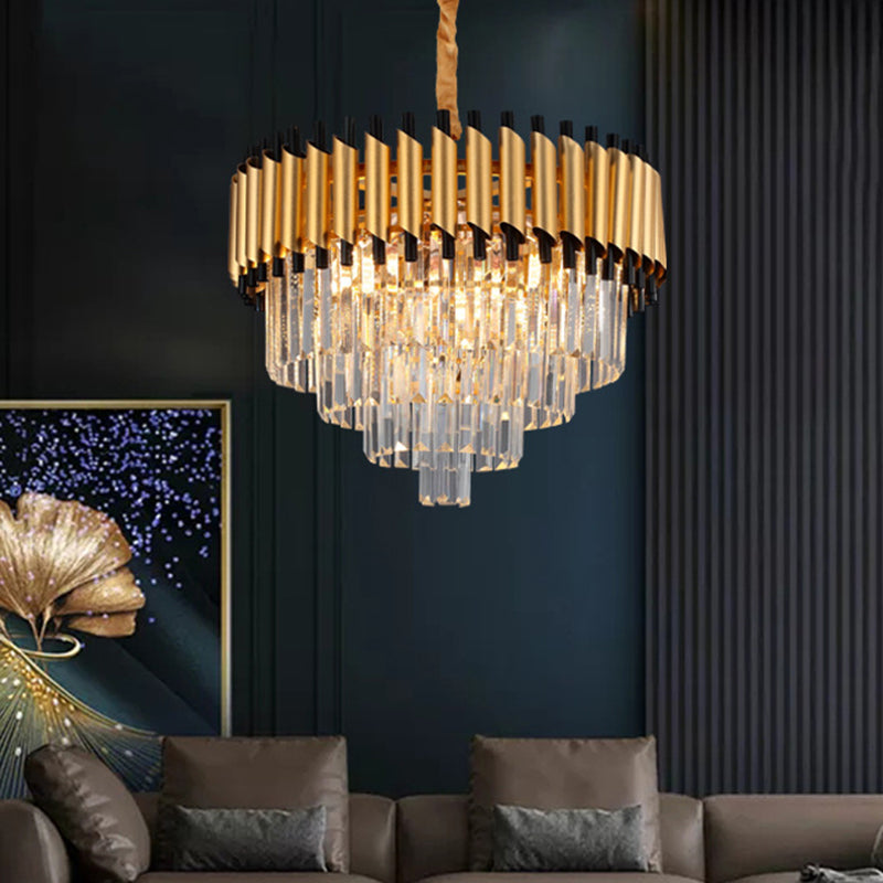 Gold Crystal Layered Tapered Chandelier - Postmodern Pendant With 4/6 Down Lights