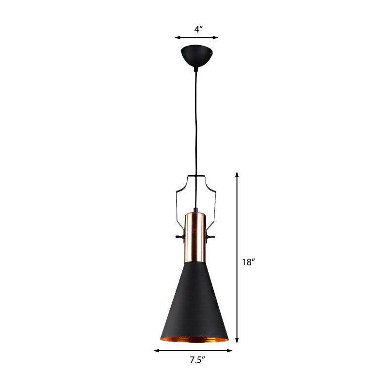 1-Bulb Pendant Light: Adjustable Metallic Hanging Ceiling Light In Black With Cone/Urn/Flared Shade