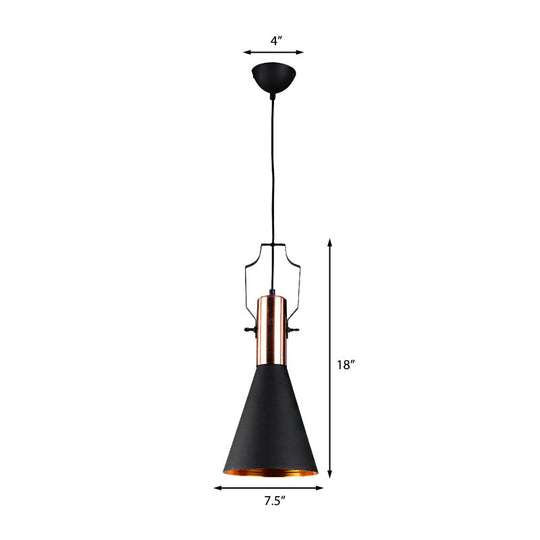 1-Bulb Pendant Light: Adjustable Metallic Hanging Ceiling Light In Black With Cone/Urn/Flared Shade