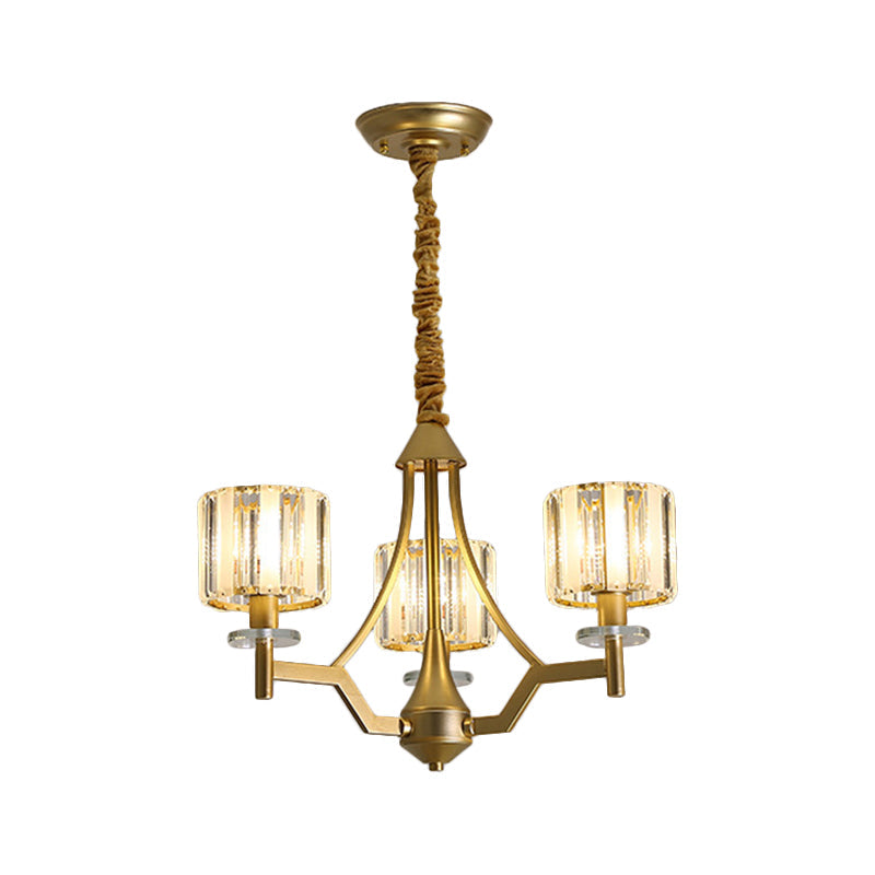 Gold Prismatic Crystal Cylinder Chandelier Lamp With 3/6 Bulbs - Postmodern Hanging Light