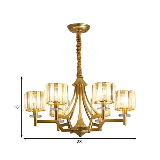 Gold Prismatic Crystal Cylinder Chandelier Lamp With 3/6 Bulbs - Postmodern Hanging Light