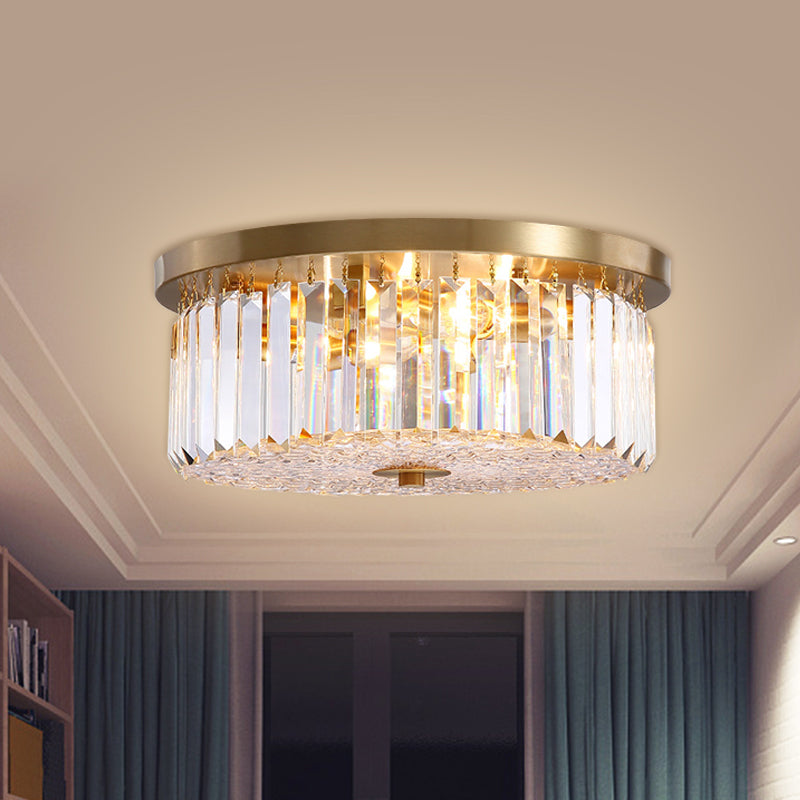 Prismatic Crystal Flushmount Ceiling Light – 4 - Light Drum Shaped Design Brass