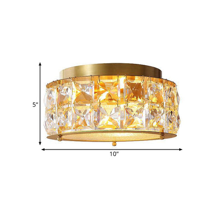 Postmodern Crystal Ceiling Light With Beveled Brass Finish - 2-Light Bedroom Flush Mount