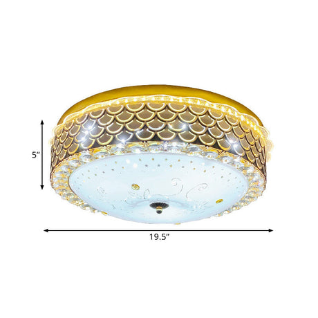 Modern Fishscale/Net Design Gold Drum Led Flushmount With Crystal Accents For Bedroom Ceiling