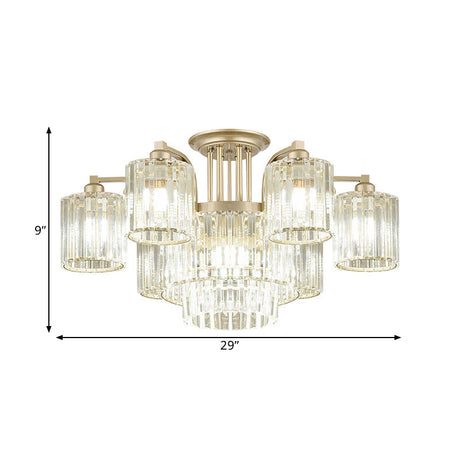 Modern Crystal Cylinder Ceiling Lamp - 3/9-Light Semi Flush Mount For Bedroom