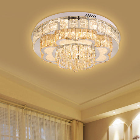 Modern Stainless Steel Led Flushmount Ceiling Light With Cut Crystal Floral Design