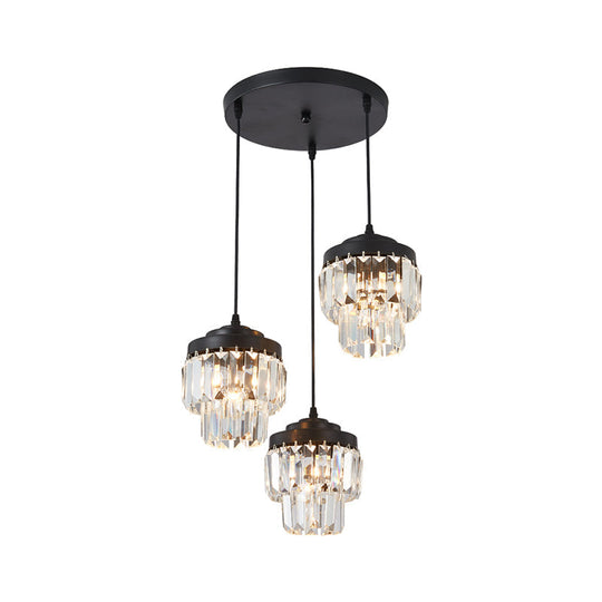 Modern Black Crystal Prism Pendant Lamp With 3 Heads And 2-Tier Cluster - Round/Linear Canopy