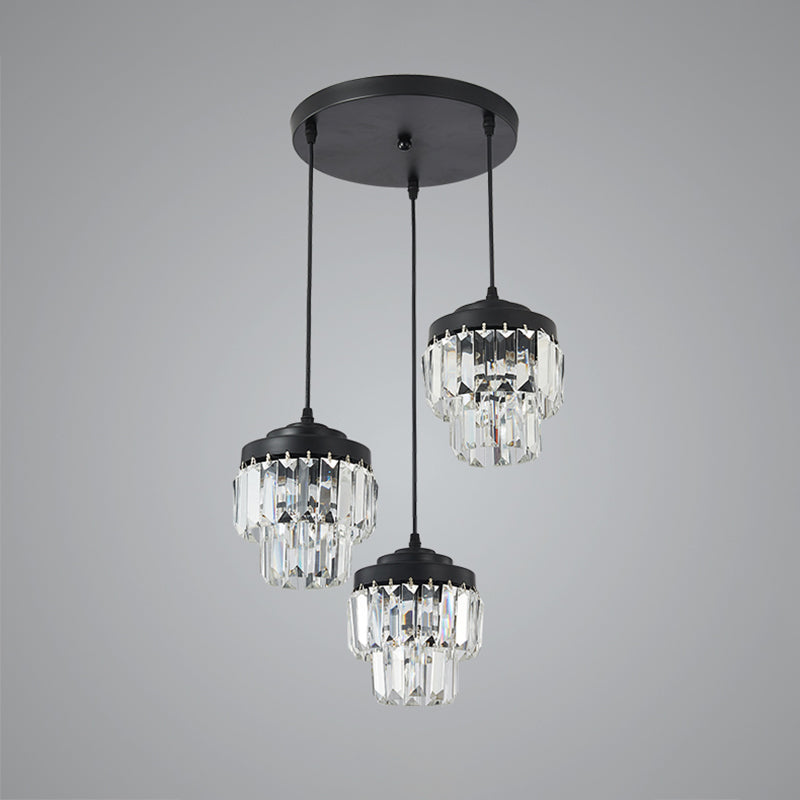 Contemporary 3-Head 2-Tier Cluster Pendant In Black With Clear Crystal Prism Accents - Modern