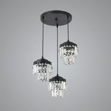 Contemporary 3-Head 2-Tier Cluster Pendant In Black With Clear Crystal Prism Accents - Modern