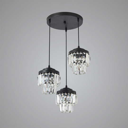 Contemporary 3-Head 2-Tier Cluster Pendant In Black With Clear Crystal Prism Accents - Modern