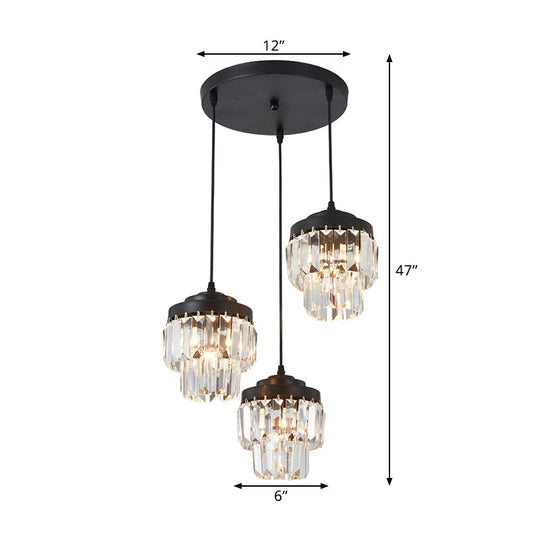 Contemporary 3-Head 2-Tier Cluster Pendant In Black With Clear Crystal Prism Accents - Modern