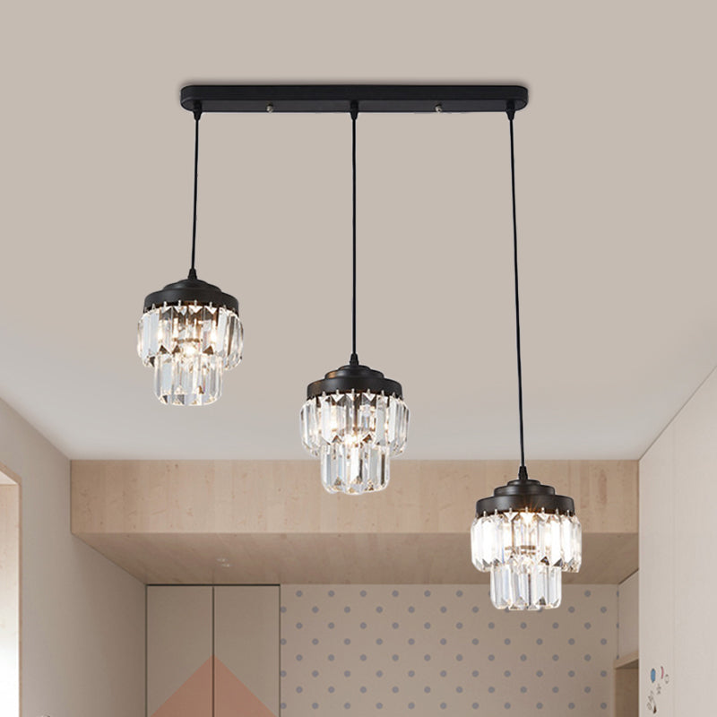 Contemporary 3-Head 2-Tier Cluster Pendant In Black With Clear Crystal Prism Accents - Modern