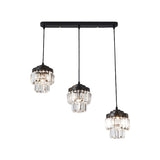 Contemporary 3-Head 2-Tier Cluster Pendant In Black With Clear Crystal Prism Accents - Modern