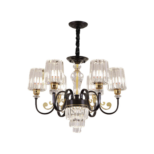Modern Black 6-Head Chandelier With Clear Cylinder Shade - Sleek Metal Curvy Arms Hanging Light
