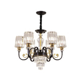 Modern Black Chandelier Light With 6 Metal Curvy Arms And Clear Cylinder Shades