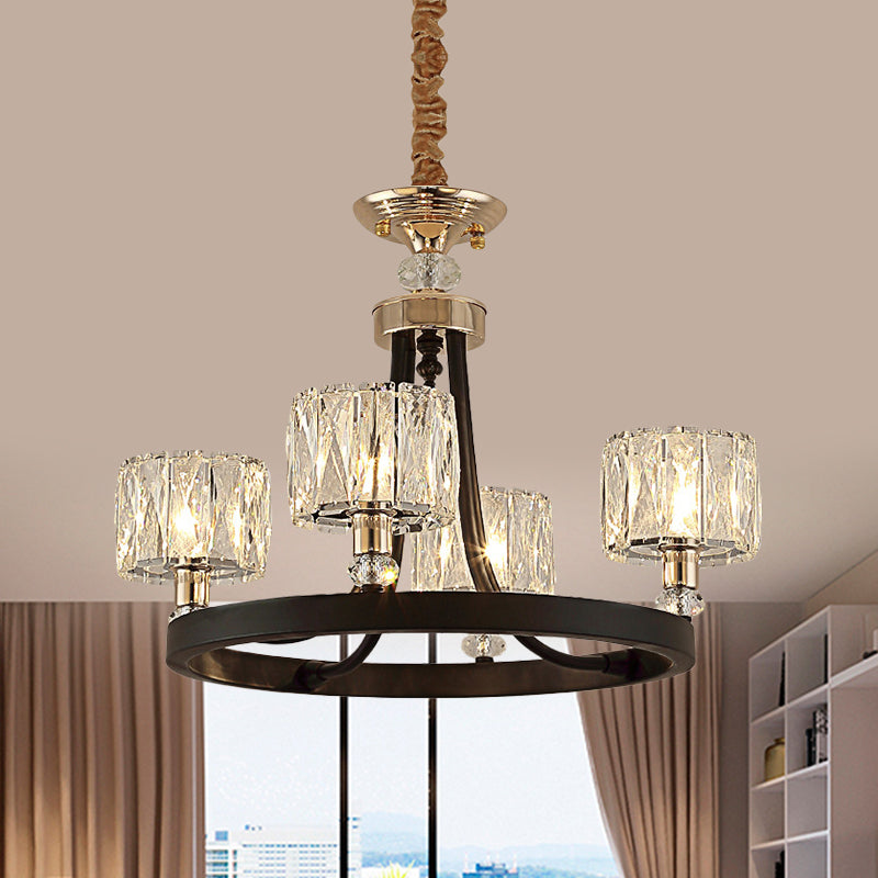 Modern Black Metal Pendant Chandelier With Crystal Drum Shade - 4 Head Ring Hanging Lamp Kit