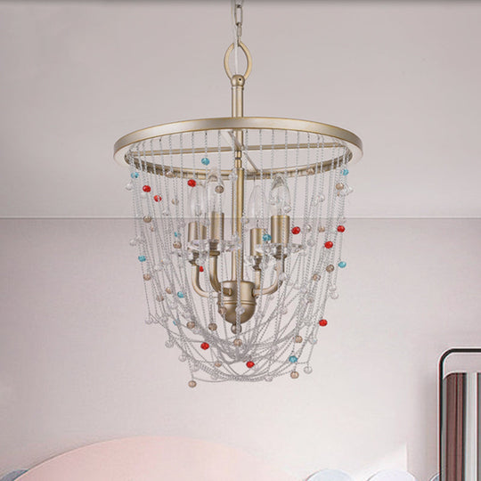 Modern Metal Living Room Chandelier With Crystal Bead Strand Decor Gold Finish 4-Light Candle Style