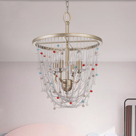 Modern Metal Living Room Chandelier - Candle Style With Crystal Bead Strand Decor Gold Finish 4
