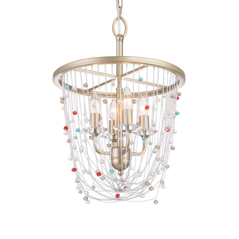 Modern Metal Living Room Chandelier With Crystal Bead Strand Decor Gold Finish 4-Light Candle Style